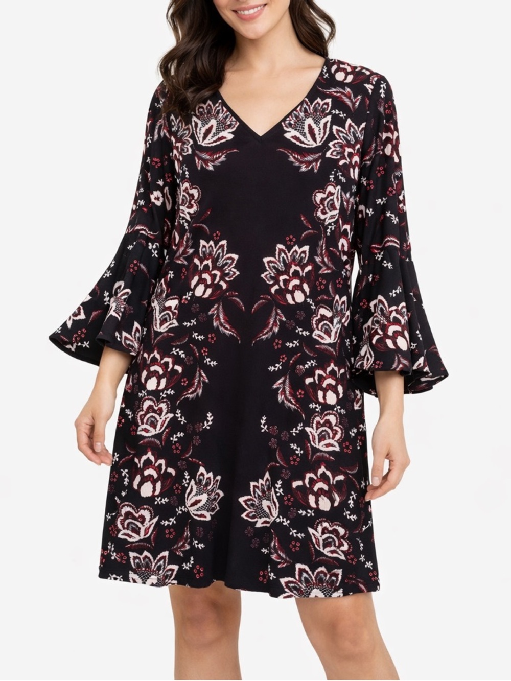 MSK Women’s Floral Tunic Top Black Red V-Neck Bell Sleeve Size S